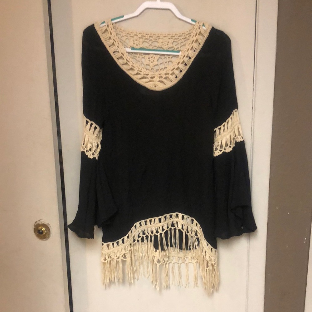 Elegant Black and Cream Crochet Trim Top